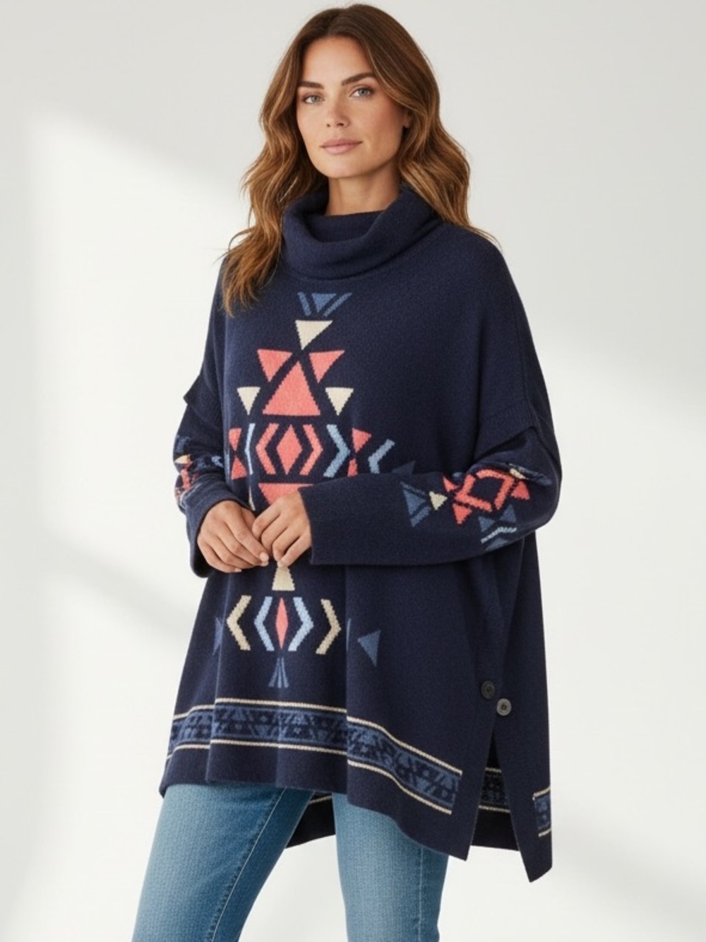 J Jill Aztec Sweater Sz M Tribal Blue Southwest Relaxed Cowgirl Americana